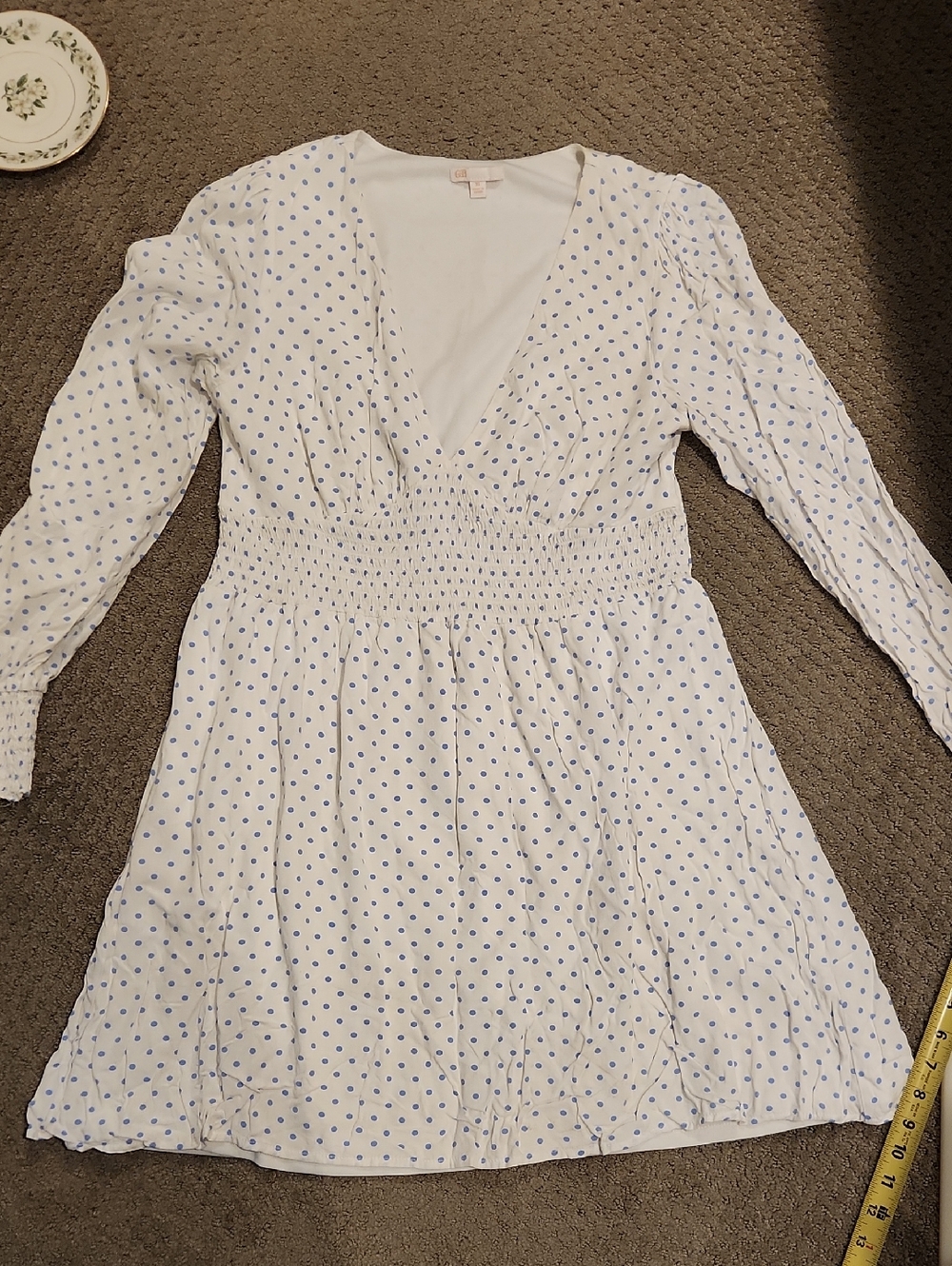 Gianni Bini White Dress with Light Blue Polka Dots — Long Sleeve Smocked Waist